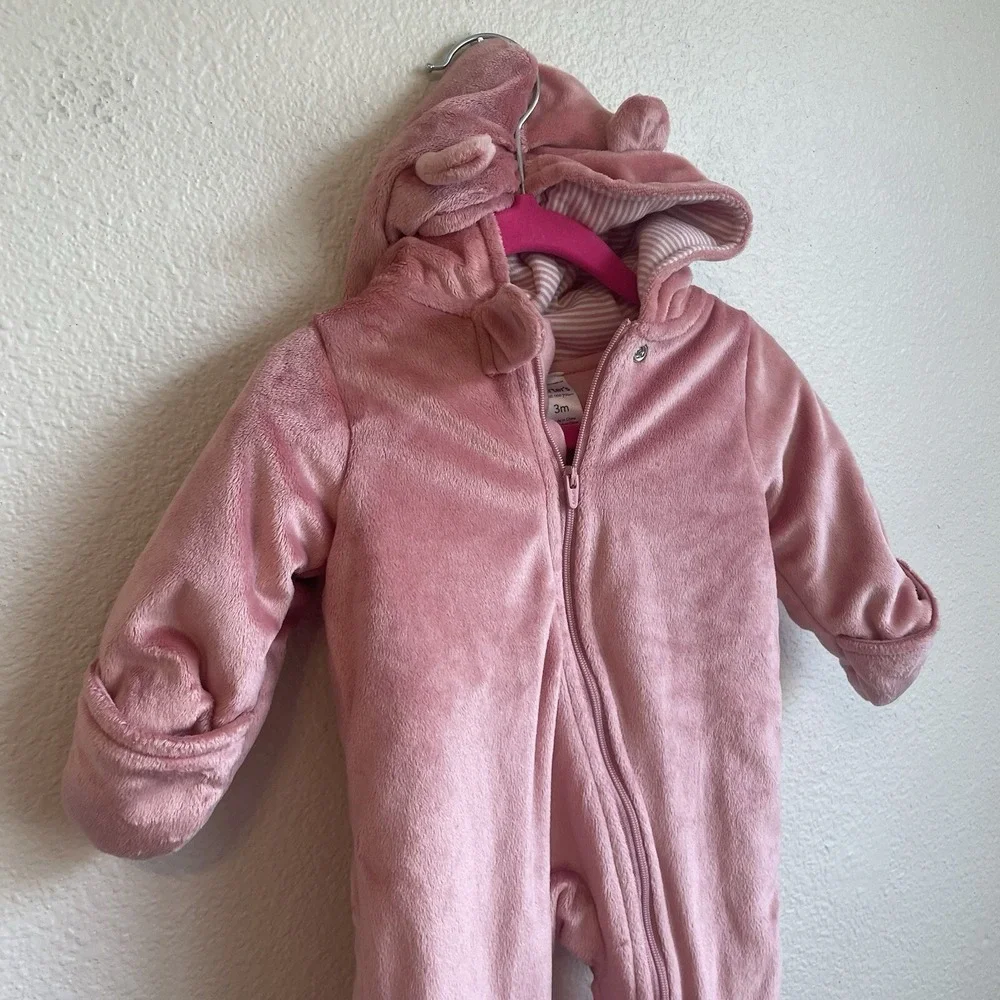 Carters Size 3 Months Baby Fox Fleece Plush One Piece Suit Zip Up Hood Feet Pink